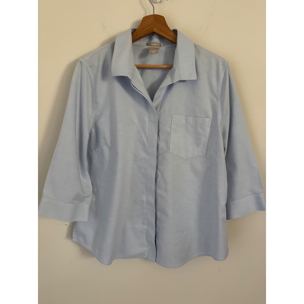 Chicos No Iron Blue 3/4 Sleeve Button Down Shirt Size 2 Large US 12/14 Cotton